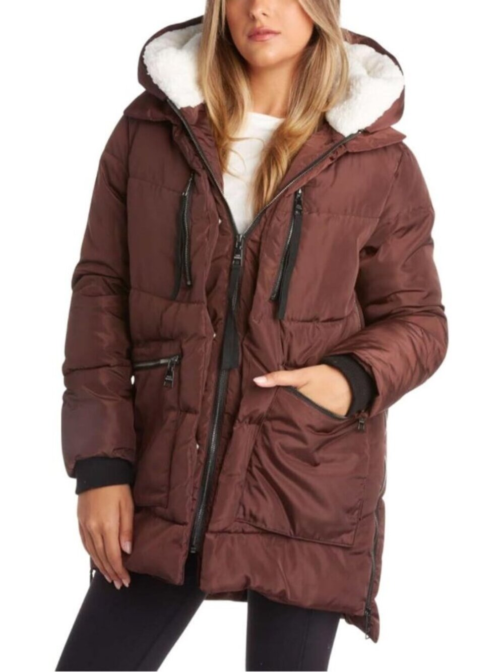 Womens Brown Cozy Faux Sherpa Hood Adjustable Side Zip Mid Length Puffer Jacket